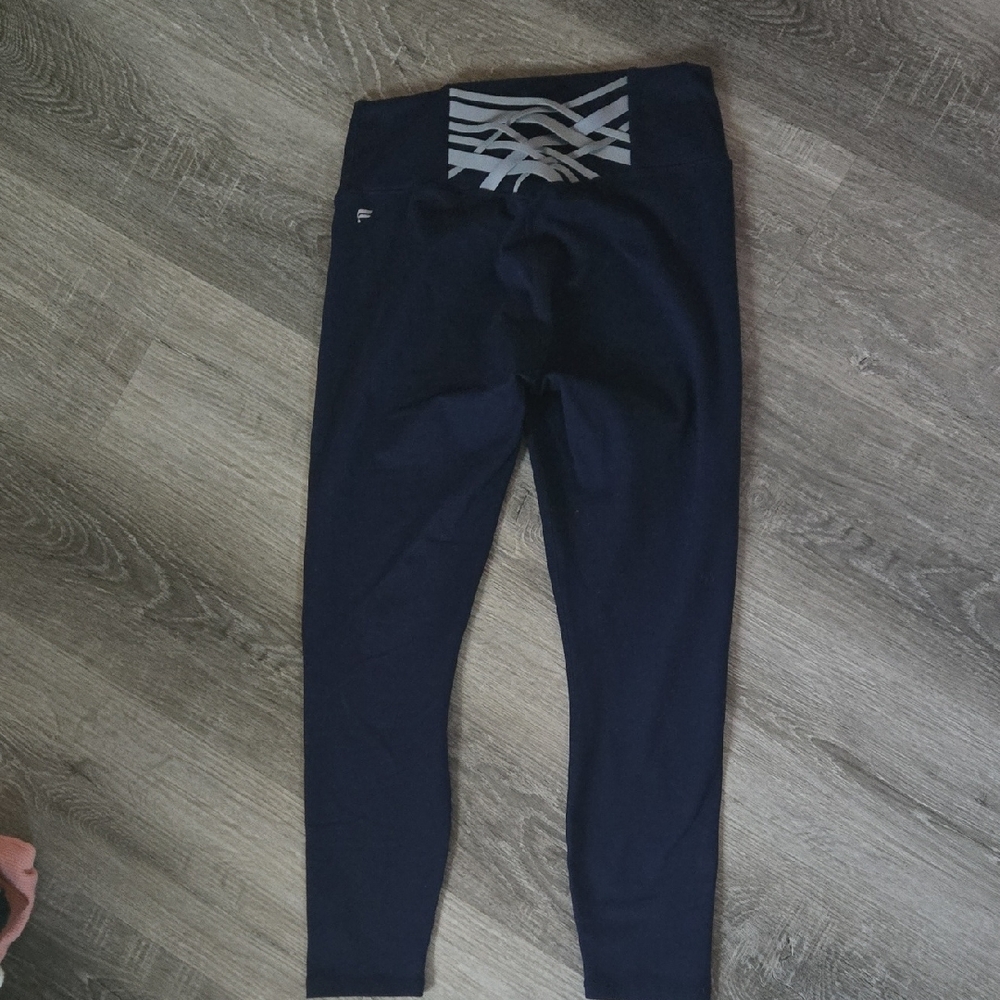 Fabletics Powerhold Navy Leggings with Light Blue Accents